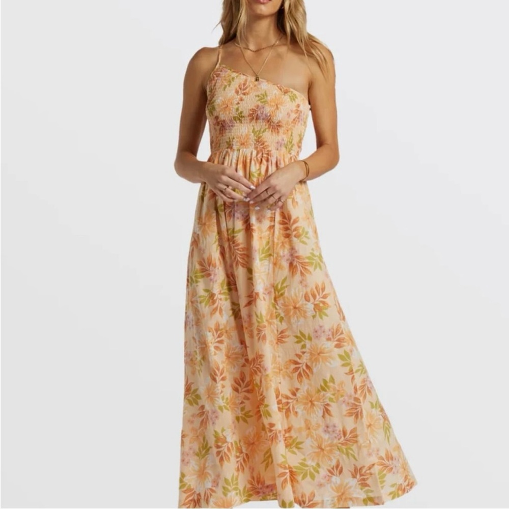 Billabong Warmer Days Peach Floral One Shoulder Smocked Maxi Dress